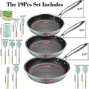 19-Piece Nonstick Frying Pan Set with Kitchen Utensils, 9.45-11.02 Inch Pans, Mint Green Cooking Tools, Cleaning Sponges