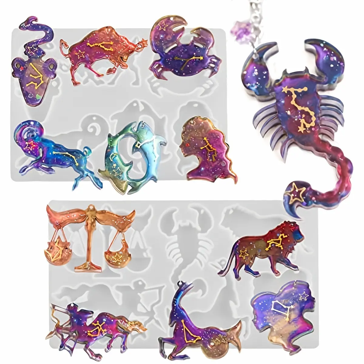 2 Zodiac Resin Molds, 12 Zodiac Animal Keychain Silicone Molds, Unique Epoxy Resin Casting Molds, Jewelry Pendant Earrings Necklace Art Crafts Keychain Halloween Decoration