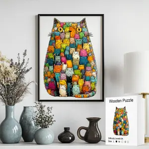 Viral Cat Stack Colorful Wooden Puzzle | Irregular Animal Shaped Pieces, 5A High Difficulty Brain Challenge, Fidget Toy for Anxiety & Stress Relief, Fidgets for School, Natural Wood, Smooth Edges, Whimsical Cat Lover Home Wall Decor