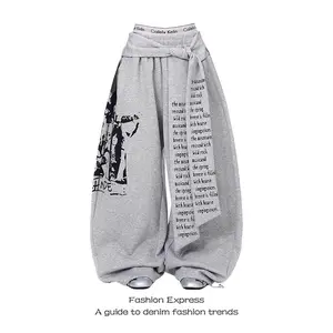 Women Gray Gothic Baggy Y2k Letter Print Pants Harajuku 2000s Vintage Oversize Sweatpants Wide Leg Trousers Autumn 2025