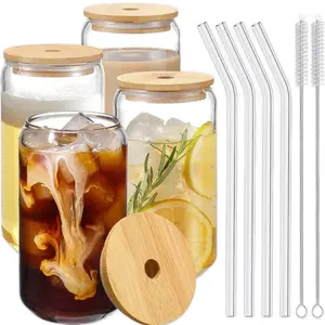 Drinking Glasses with Bamboo Lids and Glass Straw 4pcs Set - 16oz Can Shaped Cups, Beer Glasses, Iced Coffee Cute Tumbler Cup, Ideal for Cocktail, Whiskey, Gift 2 Cleaning Brushes