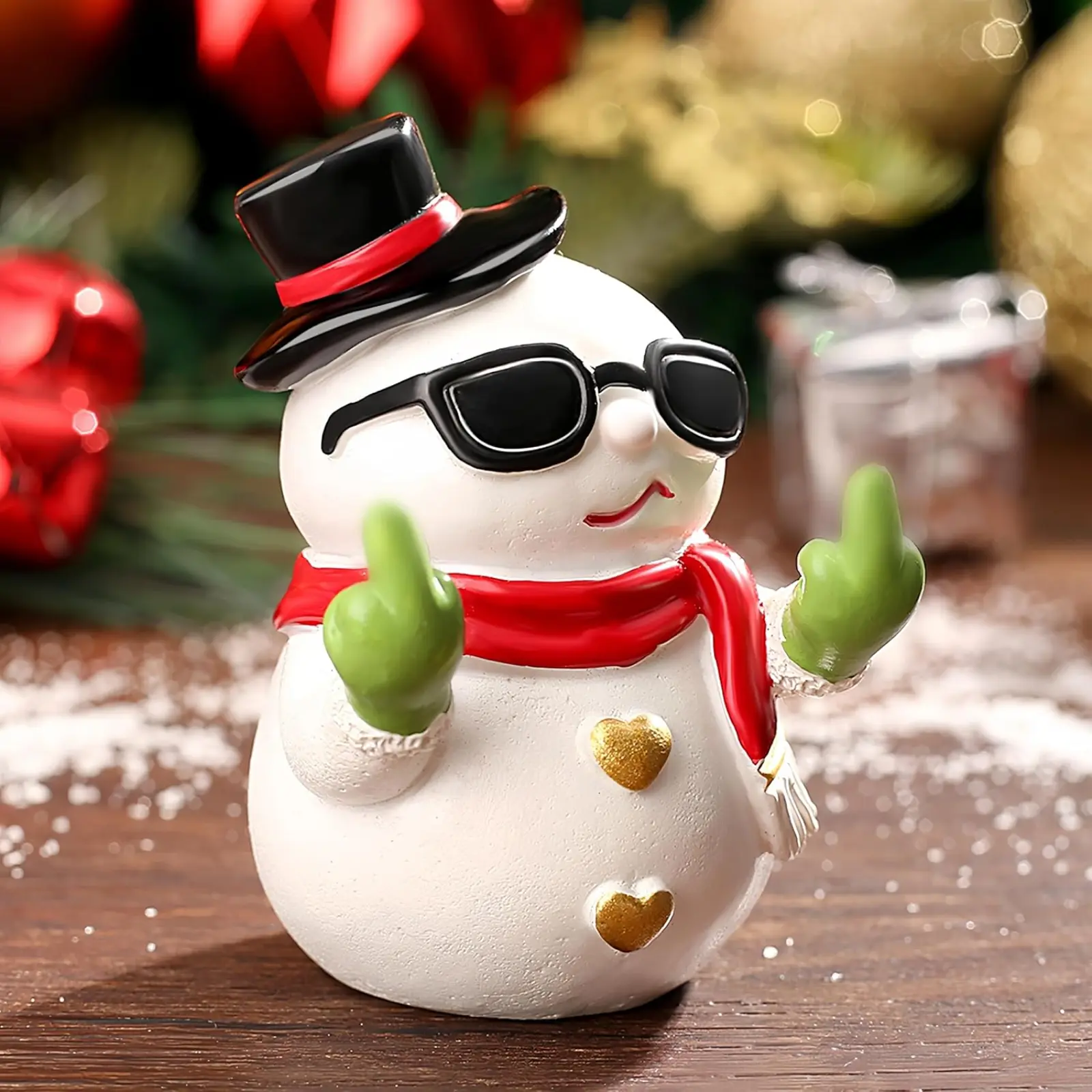 Snowman Figurines Christmas Resin Decor Cute Finger Statue with Top Hat and Sunglasses Indoor Snowman Ornaments Centerpiece Winter Holiday New Year's Gifts Porch Office Desk Decor Small Modern Design