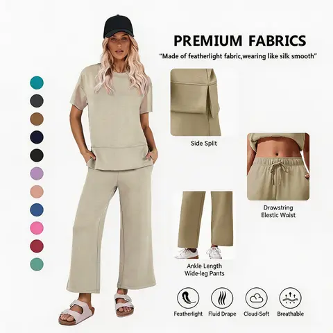 Pinspark Women's 2-Piece Crew Neck Short Sleeve Casual Set - Soft Rayon Fabric, Loose-Fitting Wide-Leg Pants, 2 Piece Sets Women for Airport & Beach Vacations (Multiple Colors & Sizes),outdoorfun