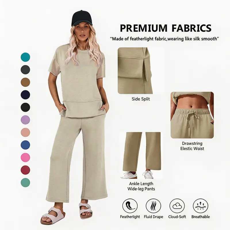 Pinspark Women's 2-Piece Crew Neck Short Sleeve Casual Set - Soft Rayon Fabric, Loose-Fitting Wide-Leg Pants, 2 Piece Sets Women for Airport & Beach Vacations (Multiple Colors & Sizes),outdoorfun