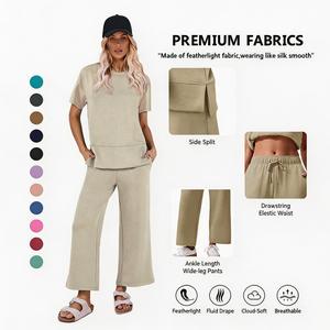 PINSPARK 2 Piece Sets for Women Soft Short Sleeve Matching Lounge Set Wide Leg Pants Tracksuit Travel Summe Travel Kitr Outfits 2026 SwimWeek summerwins