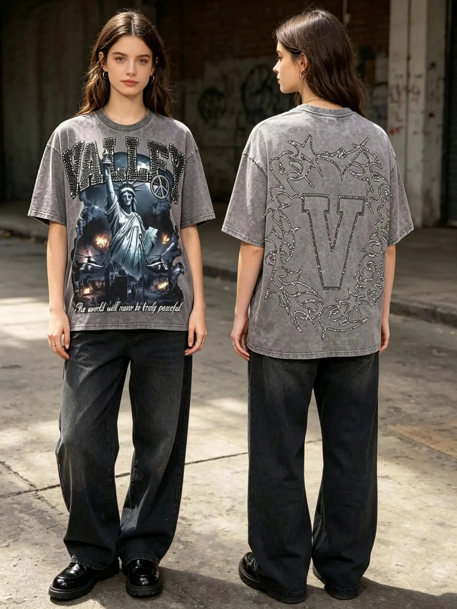 Men's Pure Cotton Short-Sleeve Crew-Neck Graphic T-Shirt - 230g Fabric, Vintage Wash, Double-Sided Print, Christian Themes, Rock Band Collabs, Y2K Style, Casual Streetwear Clothing, All Seasons, Ideal Gift Menswear Loose Garment Ball