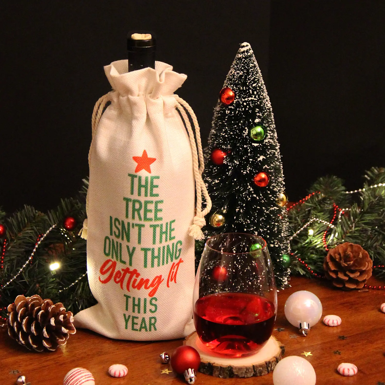 The tree isn't the only thing getting lit this year Wine Bottle Bag - Liquor Sublimation Printed Bottle Bag - Festive Liquor Gifting Bag
