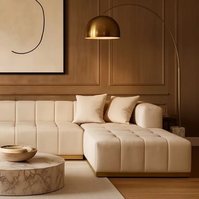 Tres Sectional Modern Cream Tufted Sofa with Gold Accents & Matching Pillows for Contemporary Living Room Velvet Cream Tufting Chic Design