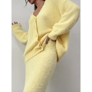 Women's Sunset Print Sweatshirt Set   Light Yellow White Ins Women's Knitted Long-sleeved Cardigan Hip Skirt Simple Afternoon Tea Party Valentine's Day Date High-end Elegant Suit