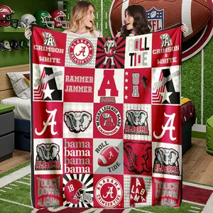 Alabama Crimson Tide Patchwork Blanket, High-Weight Flannel Fabric, Soft and Warm, Anti-Wrinkle, Easy Clean, Ideal for Fans and Football Lovers, Slogan Print Blanket