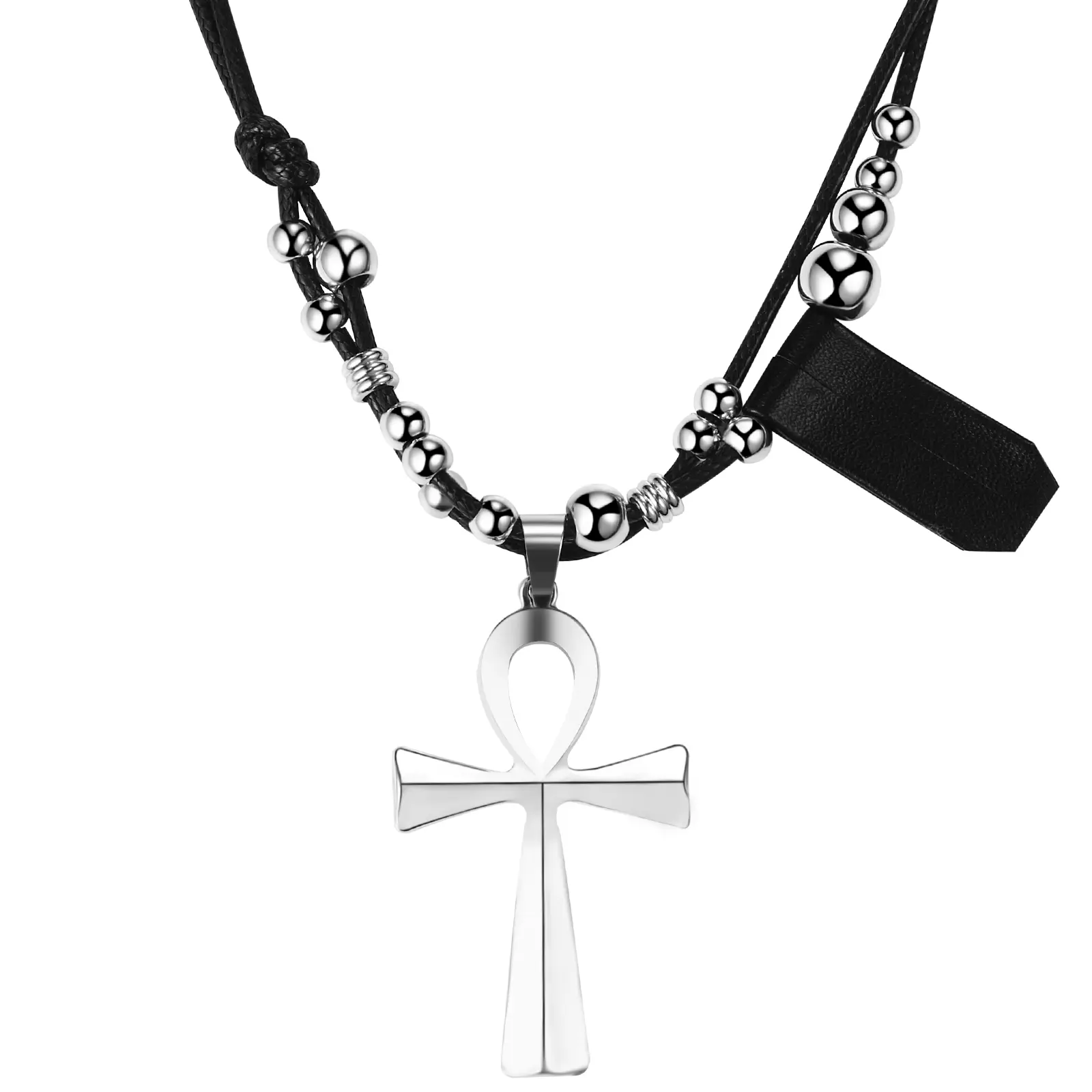 OIDEA Ankh Cross Punk Choker - Stainless Steel Beads, Adjustable PU Cord, Gothic, Emo, Dark Fantasy Jewelry for Men and Women (Ankh, Stainless Steel, Emo, Gothic, Dark Fantasy Necklaces), Ankh Necklaces