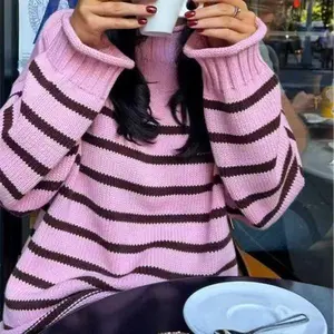 2025 Winter American Striped Warm Knitted Pullover Elegant O-Neck Long Sleeve Loose Pink Sweater