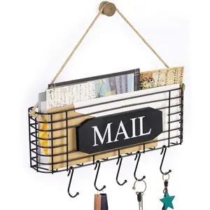 Rustic Mail Key Holder, Mail Organizer Wall Mount with 5 Hooks Large, Black
