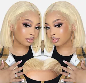 Blonde Bob Glueless Wig Human Hair Pre Plucked Pre Cut 12 Inch 7x5 Blonde HD Lace Closure Wig 613 Pre Bleached Wear and Go Wig Short 613 Bob Glueless Wig Human Hair 200% Density for Women