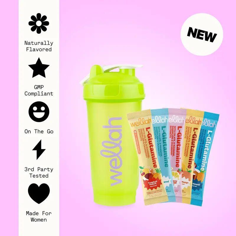 Wellah L-Glutamine Sample Pack + Shaker Bottle | Includes Tropical Punch, Strawberry Lemonade, Unflavored, Peach Mango & Blue Hawaii | Supports Gut Health And Muscle Recovery