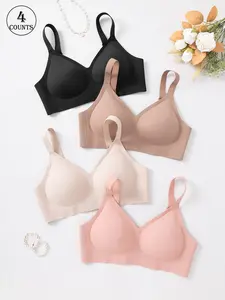 4 Pack/ 6 colors Solid color seamless jelly women's bras with hook-and-eye adjustable straps XS-XL size Underwire support, gathers and enhances back, comfortable, breathable, skin-friendly, soft Daily casual/commute underwear bra