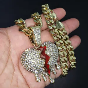 Drip Broken Heart Pendant & 10mm 18" 20" 24" 30" Cuban Chain Hip Hop Style Fashion Necklace Jewelry