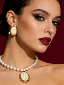 Elegant Oval Cameo Relief Necklace Earrings Set, Fashion Ancient Style Jewelry for Parties, Perfect Ear Accessories for Events