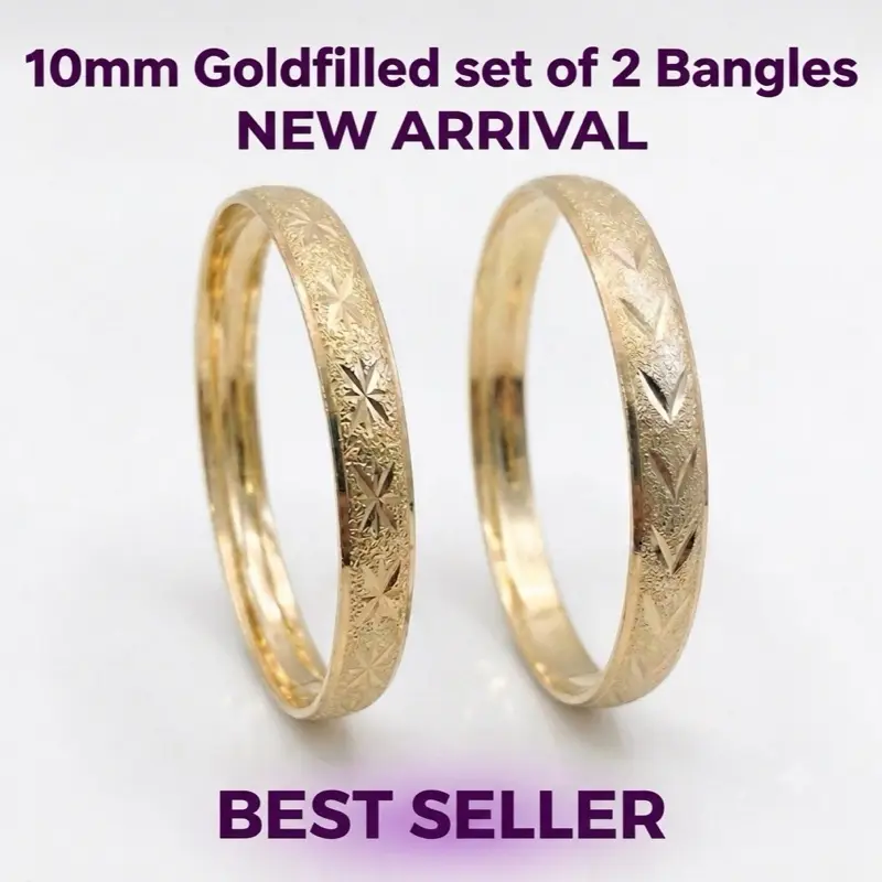 Female 14 Karat Gold Filled 10MM Wide Set of 2 Bangles - Sizes 4-7, Anti-Tarnish Guarantee, Classic Elegant Casual Premium Jewelry Bracelets for Anniversary, Engagement, Gold Bangles Chunky, Jewelry Stack, 14 Karat Gold Band Bracelets & Bangles