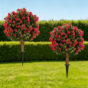 24-inch artificial red rose spherical tree with ground nails (set of 2), anti-ultraviolet artificial plants everywhere, evergreen boxwood shrubs, suitable for indoor and outdoor porch garden backyard decoration.