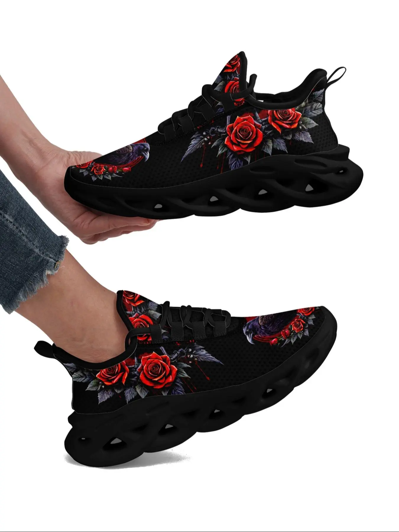 Women's Fashionable Rose & Crow Print Sneakers, Casual Comfortable Soft Sole Sports Running Shoes, All-match Round Toe Shoes for Daily Wear
