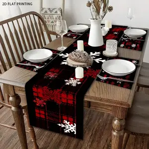 2D flat printing, set of 1 piece/4 pieces/5 pieces, Christmas black and red checkered snowflake table flag+placemat set, suitable for Christmas family gathering decoration, indoor and outdoor and daily table decoration, Table Runner
