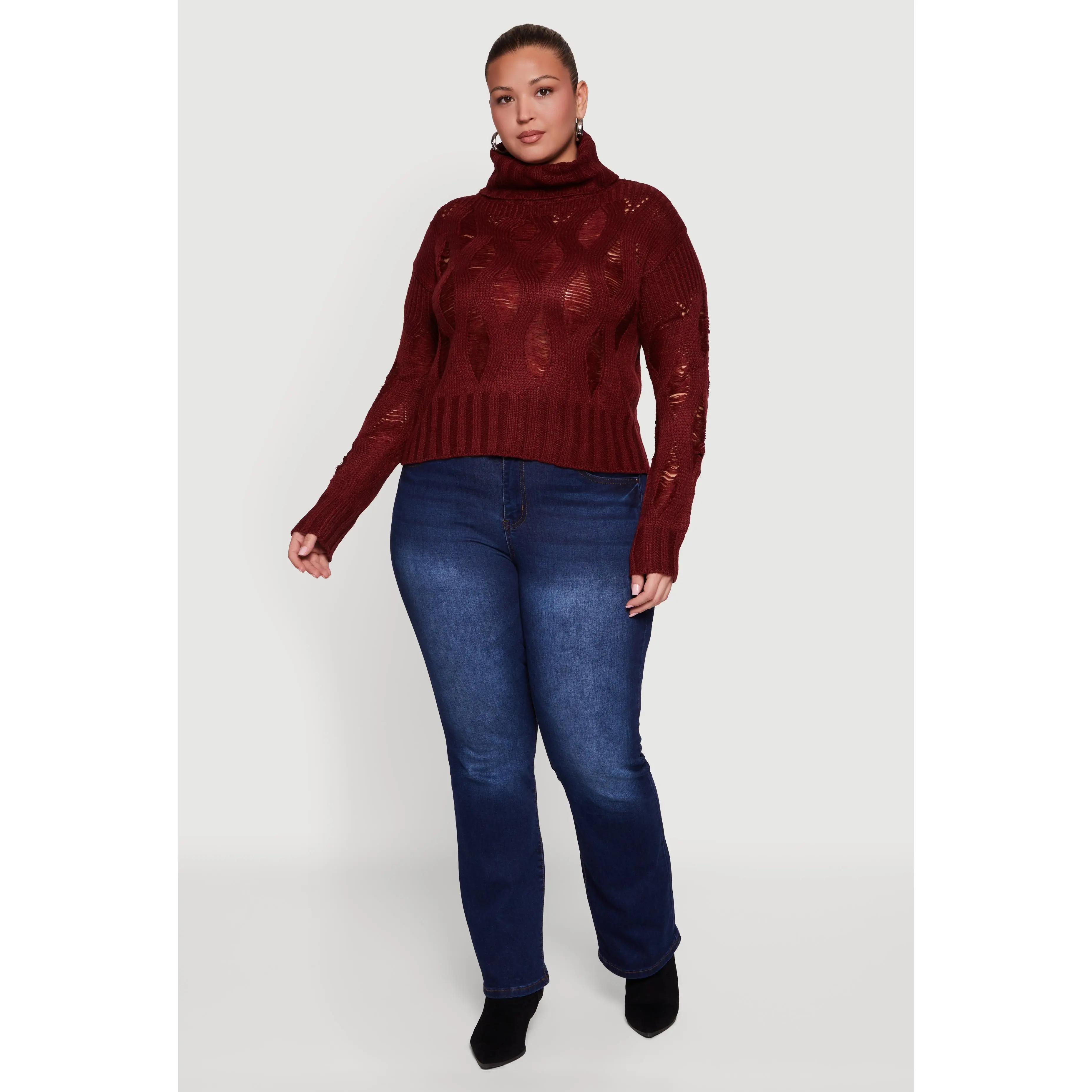 Plus Size Distressed Cable Knit Turtleneck Sweater