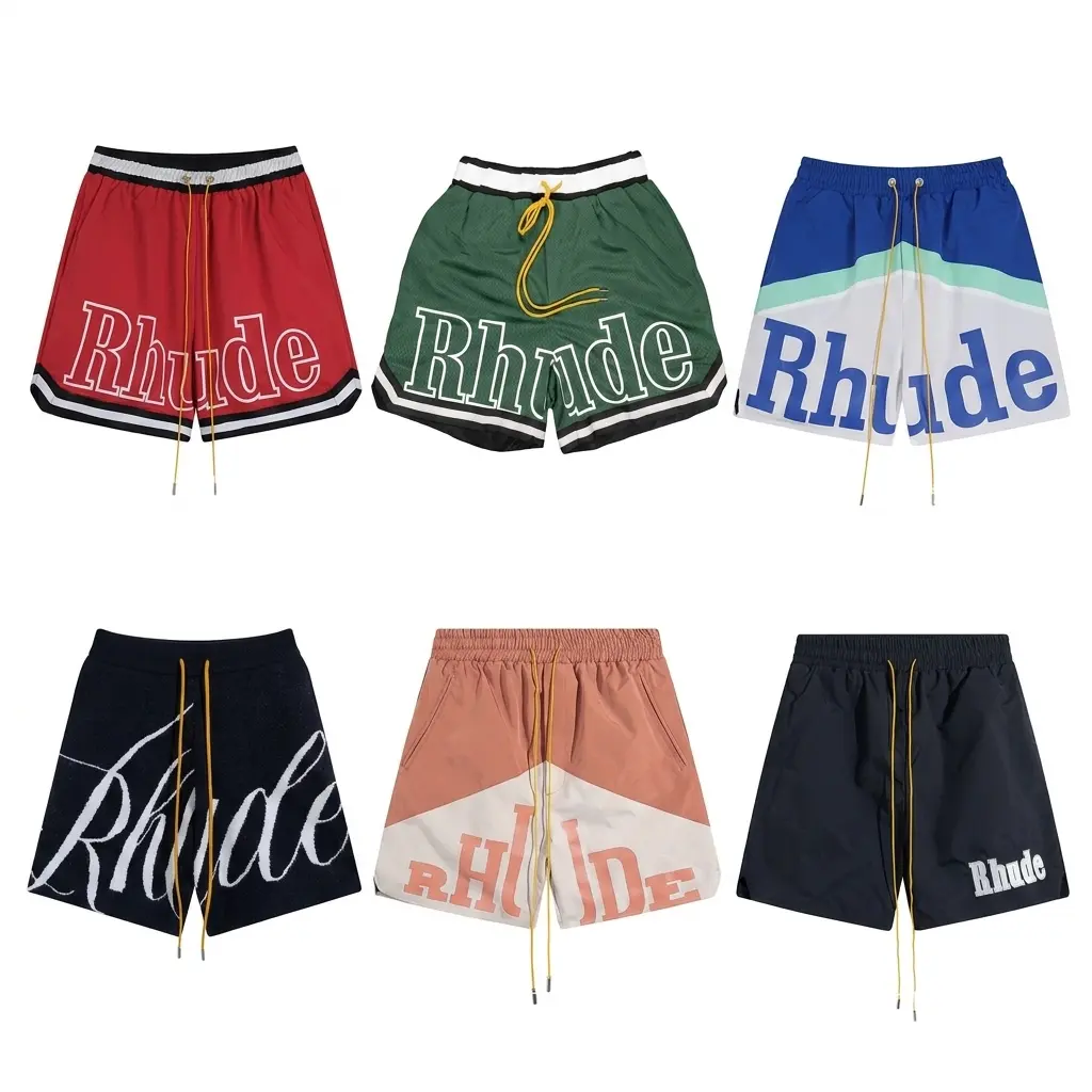 Rhude Letter Logo Jacquard Drawstring Shorts, Unisex Athletic Casual Loose-Fit Minimalist Shorts