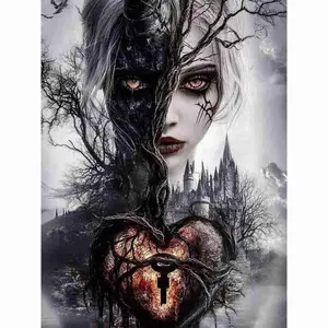 Dark Fantasy Gothic Witch Woman Spooky Castle Twisted Tree Heart Key Mystical Scene 5D Full Drill Diamond Painting Kit Creepy Enigmatic Dark Art DIY Cross Stitch Mosaic Craft Edgy Aesthetic Halloween Home Wall Decor Handmade Gift