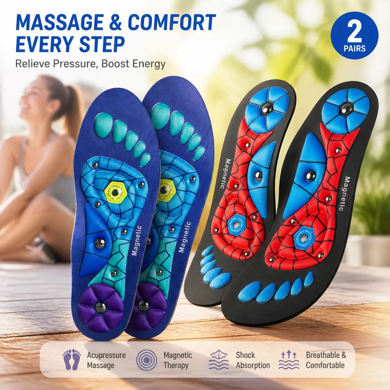 Unisex EVA Material Arches Insoles & Heel Liners (2 Pairs) - Padded Removable Foam Inserts, Magnetic Massage, Shock Absorb, Arch-Hug Cushion, Plantar Fasciitis Relief, 220 Lbs Capacity, Year-Round Daily Shoes Use
