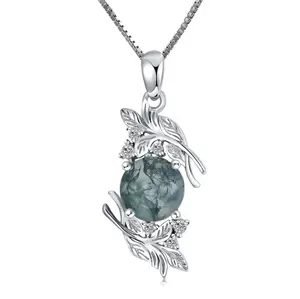 S925 sterling silver women's round moss agate necklace jewelry pendant