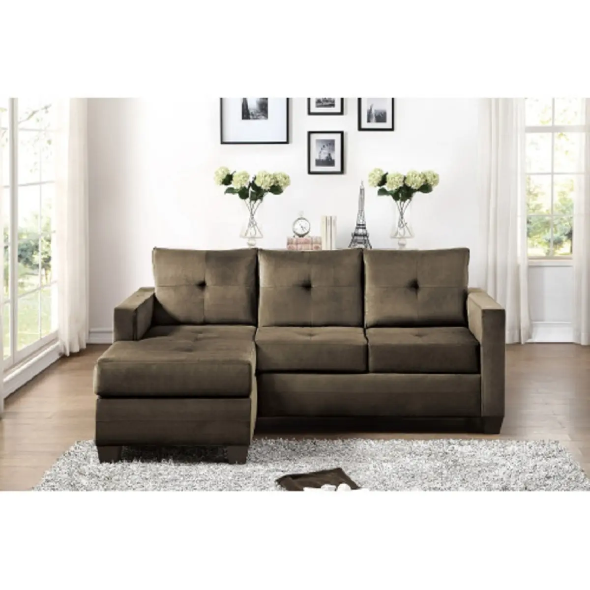 Comiso Reversible Coffee Microfiber Fabric Upholstered Sofa Chaise