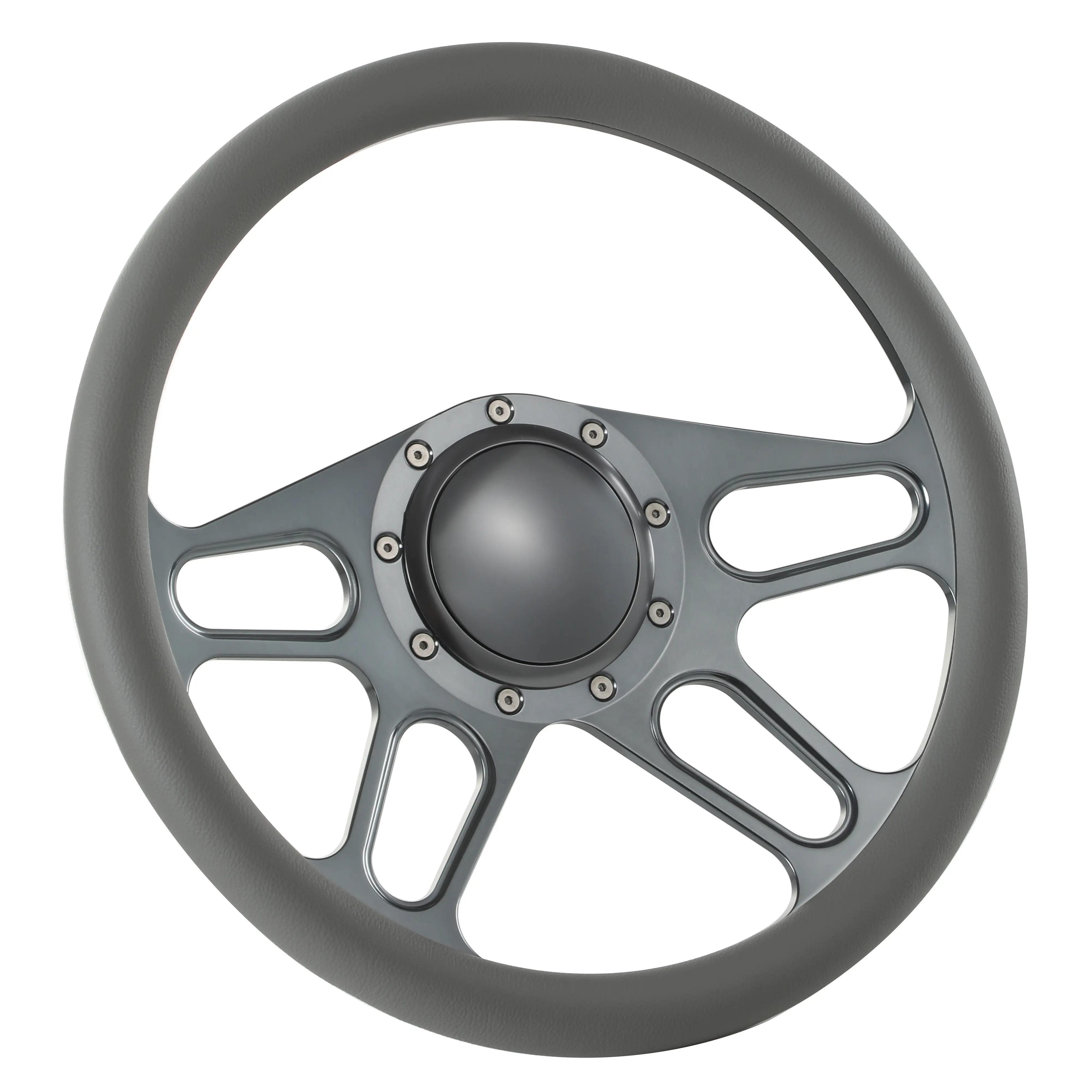 14" Gun Metal Billet Light Gray Steering Wheel with Billet Horn Button, Aluminium Full Piece 6061, Fits GM Chevy Caprice/Impala & Most Aftermarket 9 Bolt Adapters