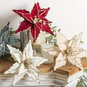 5 Christmas decorative flowers, artificial flowers, shiny sequin velvet Christmas flowers 10.2 inches, suitable for Christmas tree decoration and holiday center home decoration, no power supply required, indoor and outdoor decorative bouquets, Christmas D
