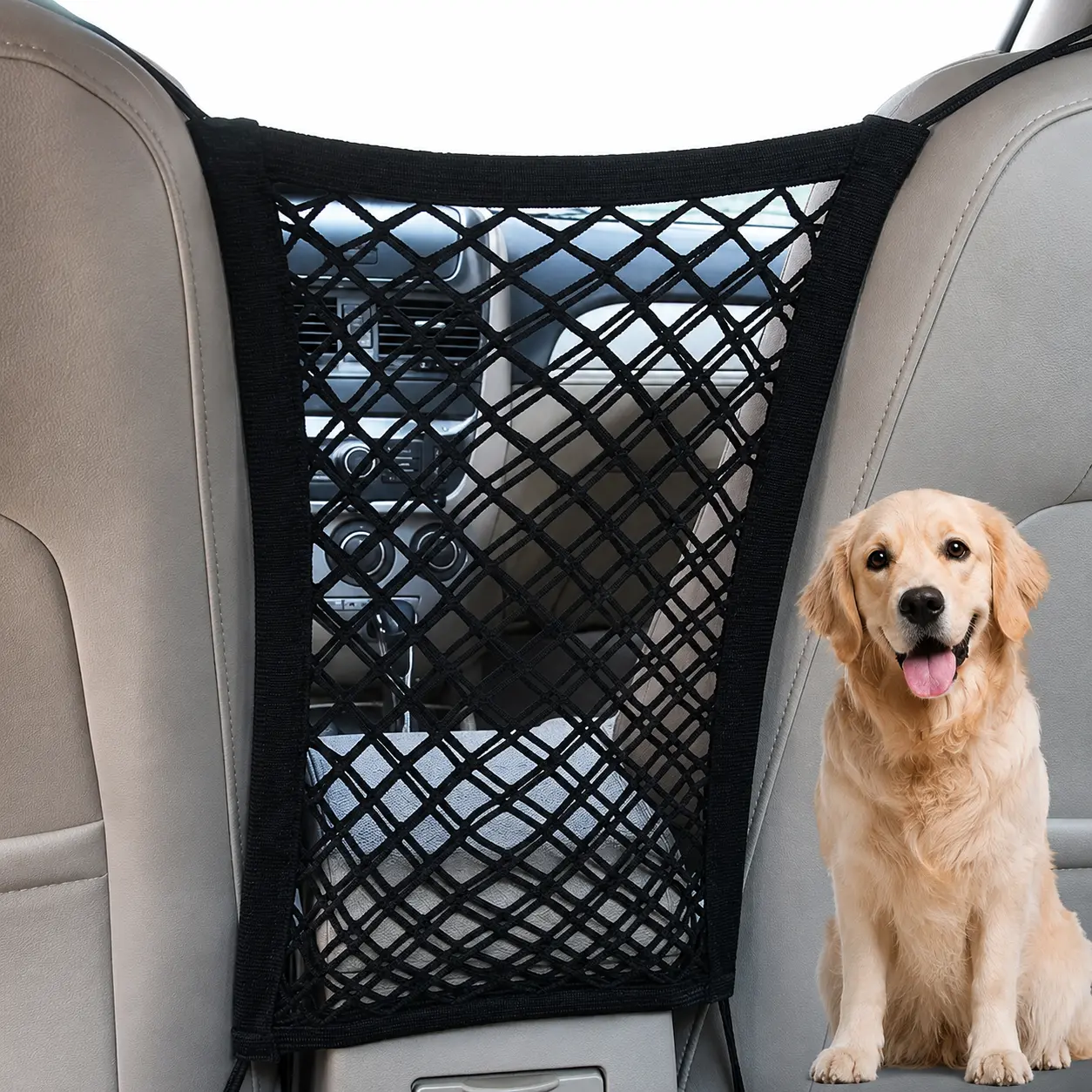 Dog car net barrier,pet car mesh divider,3 in 1 dog car barrier,car back seat dog fence,pet safety net for car,car mesh storage pocket,dog travel car accessory,universal suv truck pet barrier,keep dog off front seat,kids backseat safety net