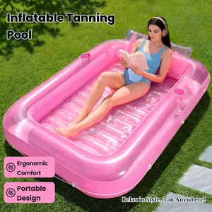 Inflatable Tanning Pool Lounger Float, 70" x 46" Pool Floats Adult with Pillow, 4 in 1 Suntan Tub Raft Floatie,Sunbathing Bed Lounge for Water Blow Up Kids Ball Pit Party Gifts, L-Pink