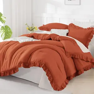 Terracotta Ruffle Comforter Queen(90x90Inch), 3(1 Ruffled Comforter and 2 Pillowcases) Farmhouse, Rustic Microfiber