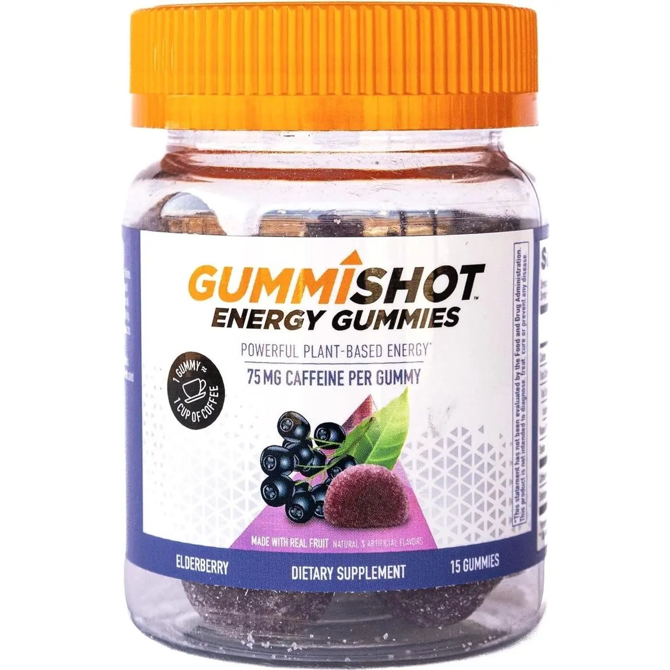 GummiShot Energy Gummies, 1125 mg of Plant-Based Caffeine Chews per Bottle, Long Lasting Energy Boosters, Elderberry (15ct)