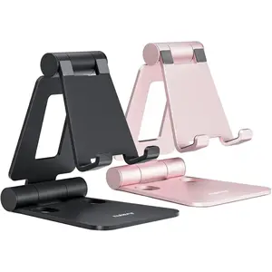 2 Pack Dual Folding Cell Phone Stand, Fully Adjustable Foldable Desktop Phone Holder Cradle Dock Compatible with Phone 16 15 14 13 12 Pro Xs Xs Max Xr, All Phones, Black & Rose