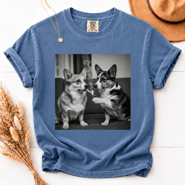 Comfort Colors T-Shirt Funny Corgi Smoking Graphic Tee, Black and White Dog Photo Shirt, Meme Pet Lover Unisex Tee