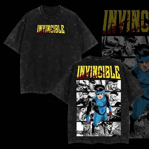 Vintage Washed Black Invincible Graphic T-Shirt Unisex, Retro Distressed Mark Grayson Comic Panel Print Crew Neck Short Sleeve Tee, Adult Superhero Streetwear Casual Top for Men Women, Outdoor Daily Wear
