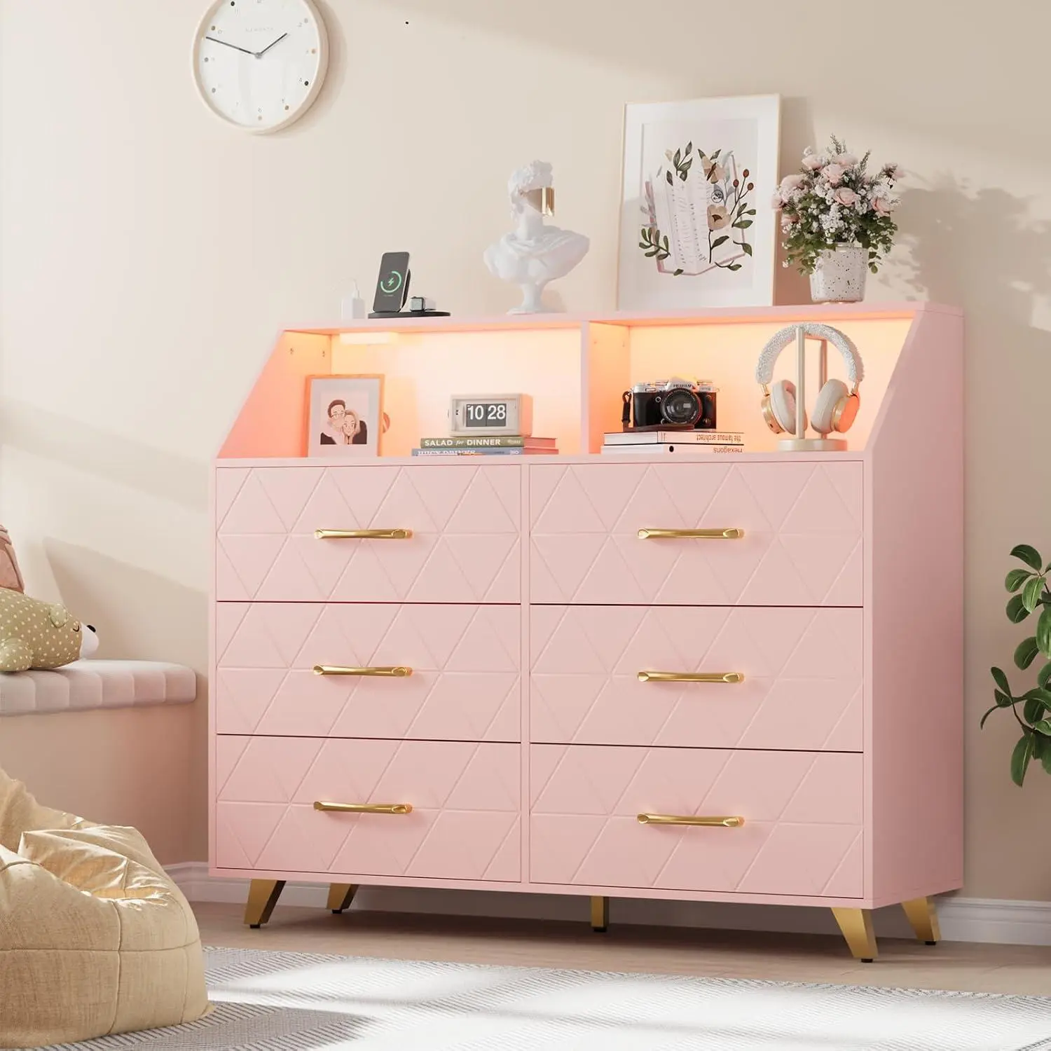 Gaomon 6-Drawer Stable Wooden Clothing Storage Cabinet with Steel Frame, Arched Handles, Wooden Top, LED Lights, Charging Station - Easy-Setup Pink Furniture for Bedrooms, Dormitories (Assembly Required)