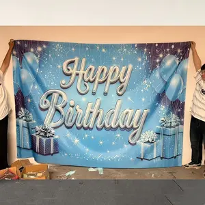 2D flat banner, 1pc1pc vibrant blue birthday banner, featuring elegant white cursive 'Happy Birthday' text with 3D effect, surrounded by blue balloons and polka dot gift boxes, perfect for birthday celebration decor, party wall decoration, festive