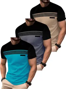 Men's Fashion Striped Graphic Print Round Neck Short Sleeve T-Shirt Set, Comfortable Versatile Casual Wear, 3 Piece Pack