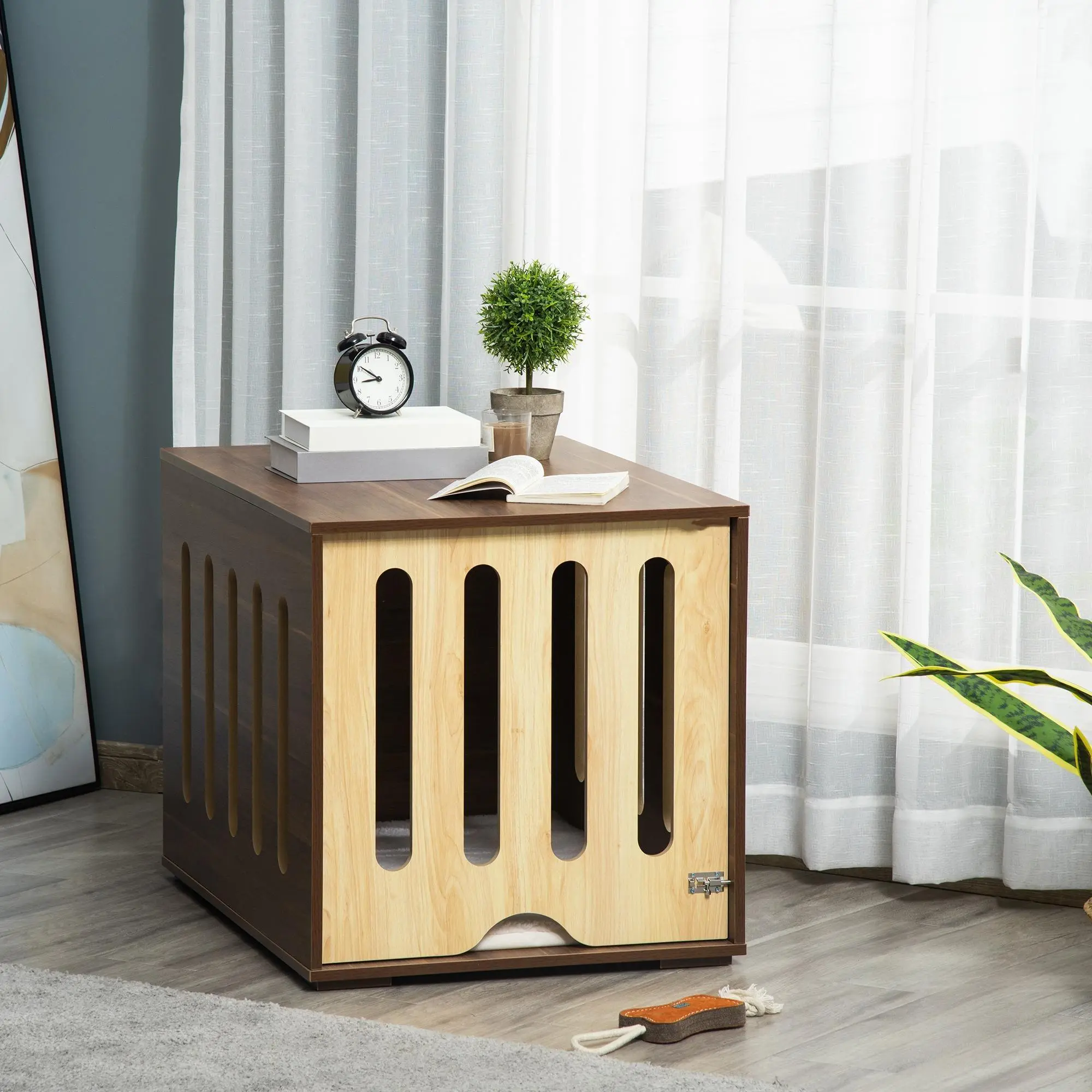 Furniture Style Dog Crate End Table – Removable Door, Foam Cushion & Safety Lock. Dark Covered Setting Reduces Anxiety. Slits & Elevated Base for Airflow. Space-Saving Slide-In Door. For Small/Medium Dogs Up to 33 lbs. Brown