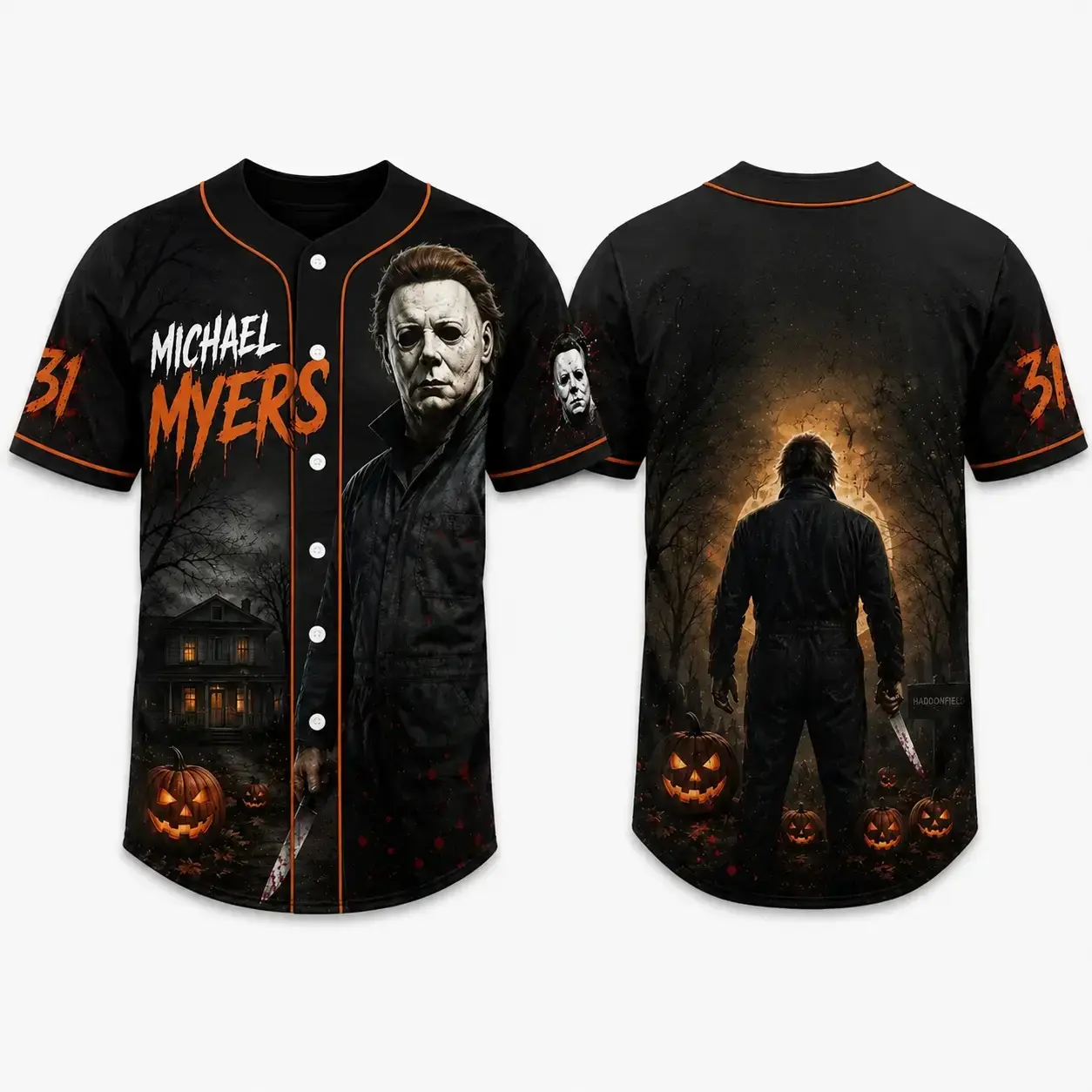 Men’s Halloween Baseball Jersey with Spooky Mask Print and Midnight Game Vibes Made in USA