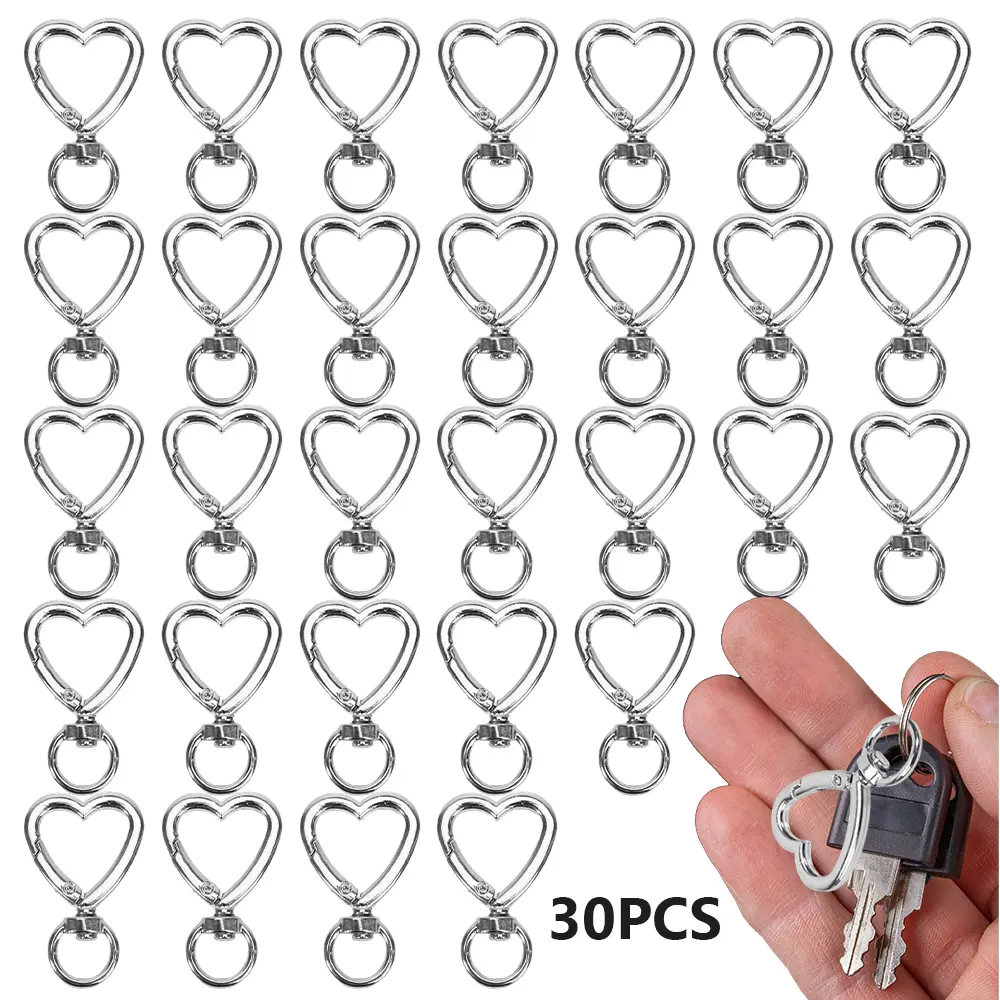 30Pcs Heart Keychain Carabiner Clips Set with Spring Snap Hook, DIY Key Rings | Silver, Bulk Charms, Backpack Luggage Tag, Valentine Romantic, Great for Her, Party Favor, Holiday Season, DIY Craft Jewelry