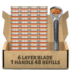 Men's Razor Blade Replacement Refills with Handle, Available in 24-Blade or 48-Blade Packs, Sharp Head Shaver Blades for Daily Grooming