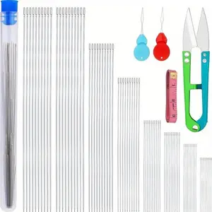 34 pcs bead needles center opening curved bead needles Set with straight beaded needles needle threader ferrule
