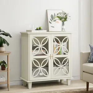 Sideboard Buffet Storage Cabinet , Freestanding Bathroom Cabinet With Tempered Glass Doors, Modern Retro Kitchen Console Table, 2-Door Decorative Storage Cabinet, Cream Color